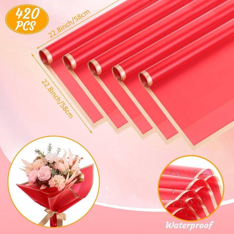 Yahenda 420 Sheet Valentines Flower Wrapping Papers:23"x23" Flower Bouquet Paper with Gold Edge Korean Style Bouquet Wrapping for Valentines Day Mother's Day Wedding Floral Supplies(Red) - Image 2